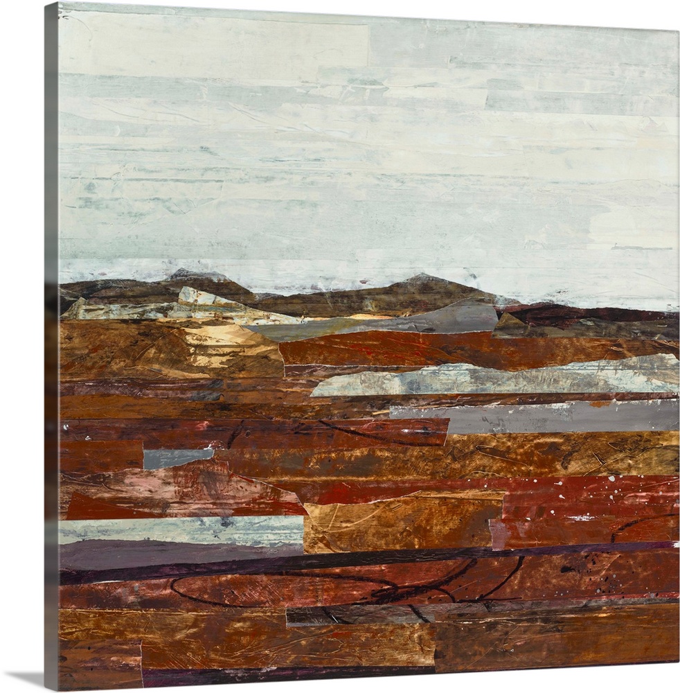 Square abstract landscape created with different colored painted pieces layered and pasted together.