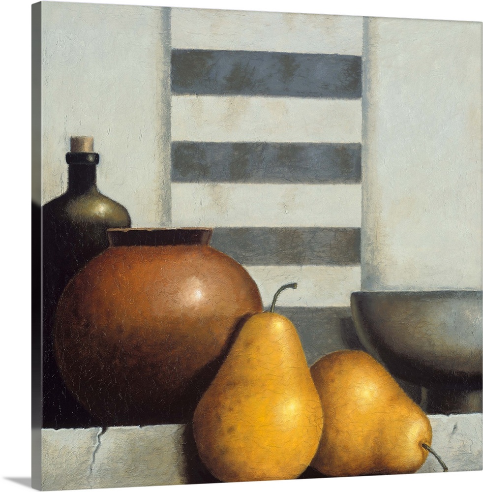 A contemporary painting of a still life of vases and fruit.