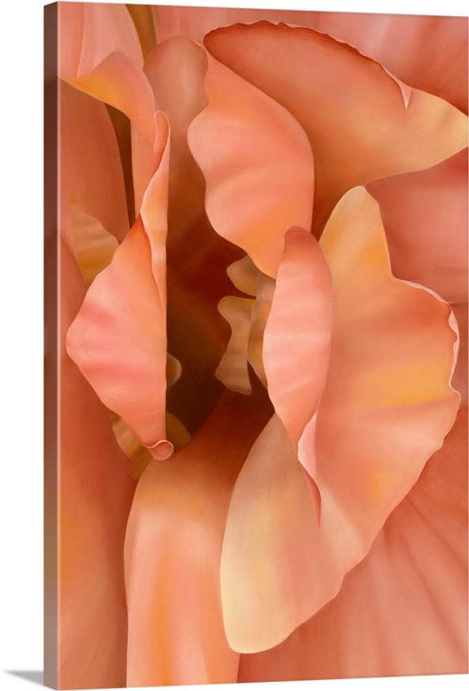 Vertical close up floral painting of layers of petals in a light yellow and orange.