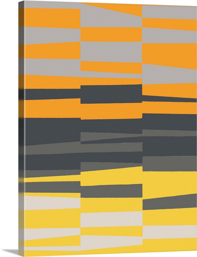 Geometric abstract artwork in shades of yellow, orange, and grey.