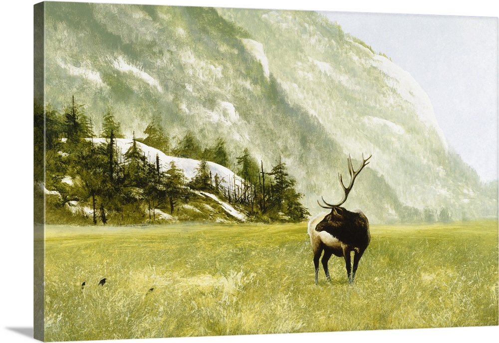 Contemporary painting of an elk standing in the middle of a snowy valley watching three black birds graze.