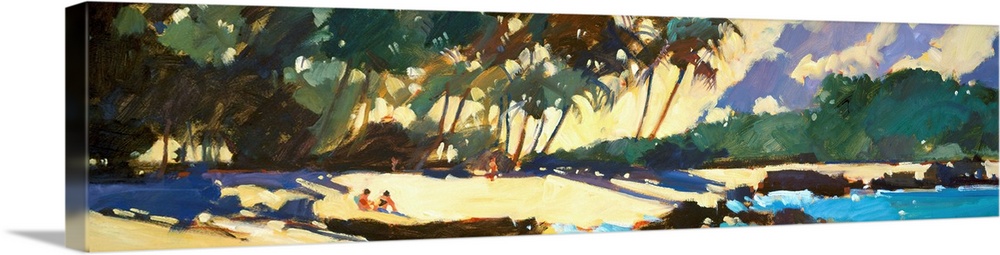 Palm trees casting long shadows on a tropical beach.