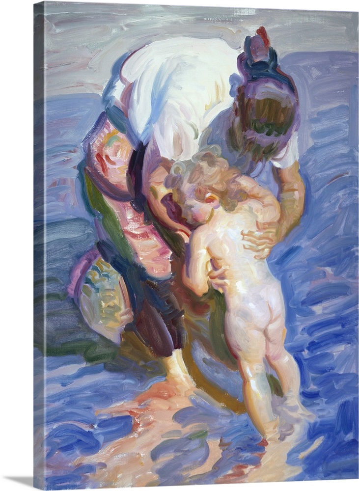 Painting of a mother holding her child in the ocean water.