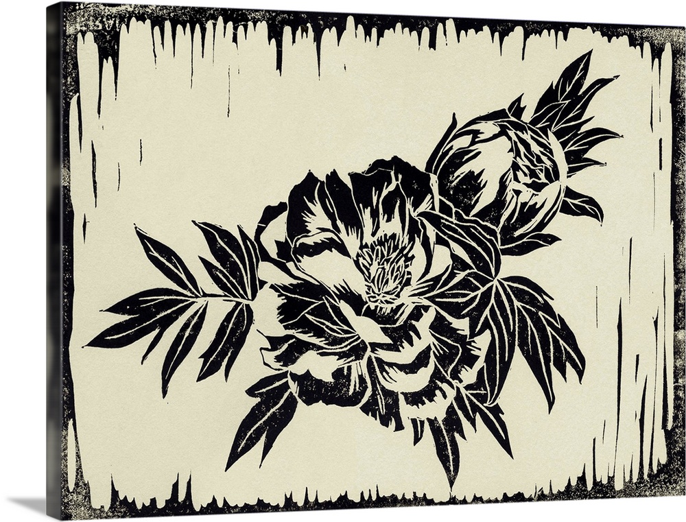 Black & White Floral Linocut Canva - Canvas Artwork