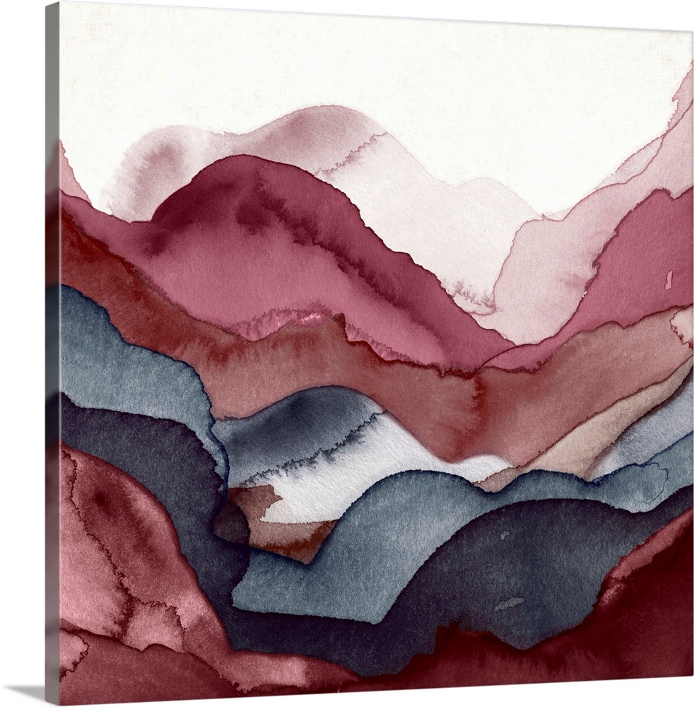 A contemporary abstract painting using watercolors to create a layered landscape.