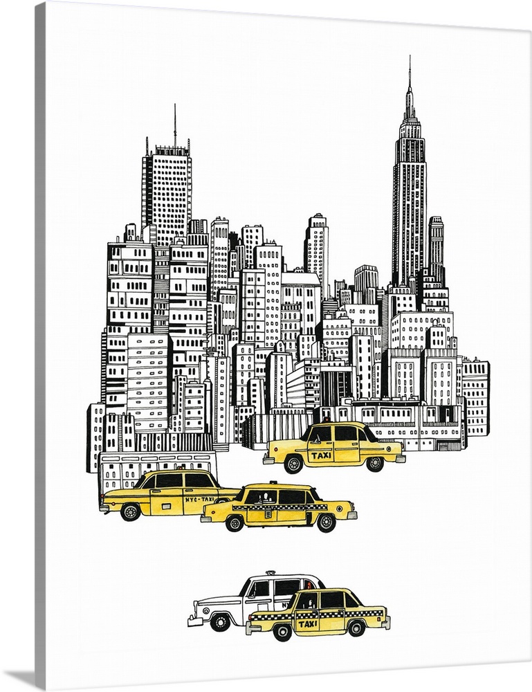 Black and white watercolor painting of the New York City skyline with colorful taxis in the foreground.