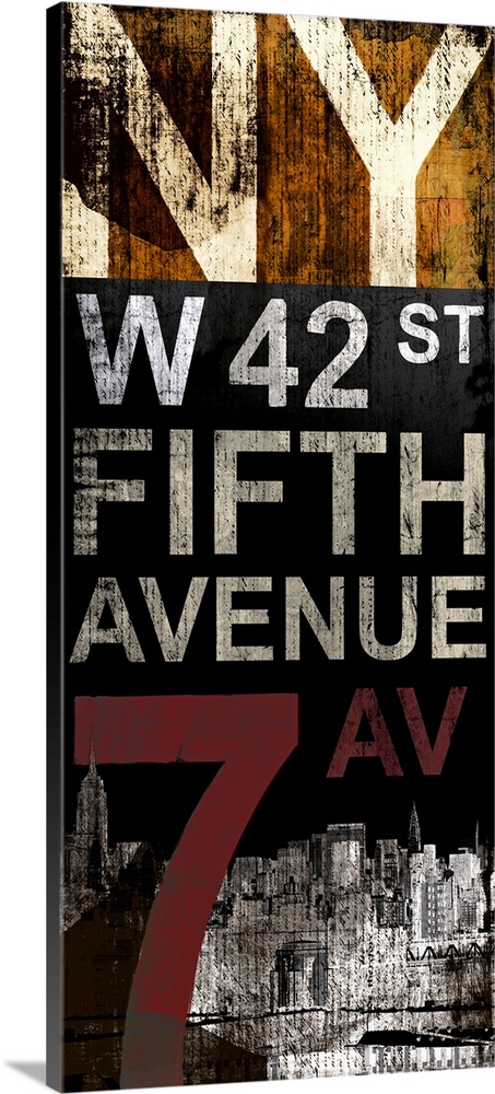 Large vertical wall picture of text staked vertically, listing several main streets in New York City, overlaid onto a roug...