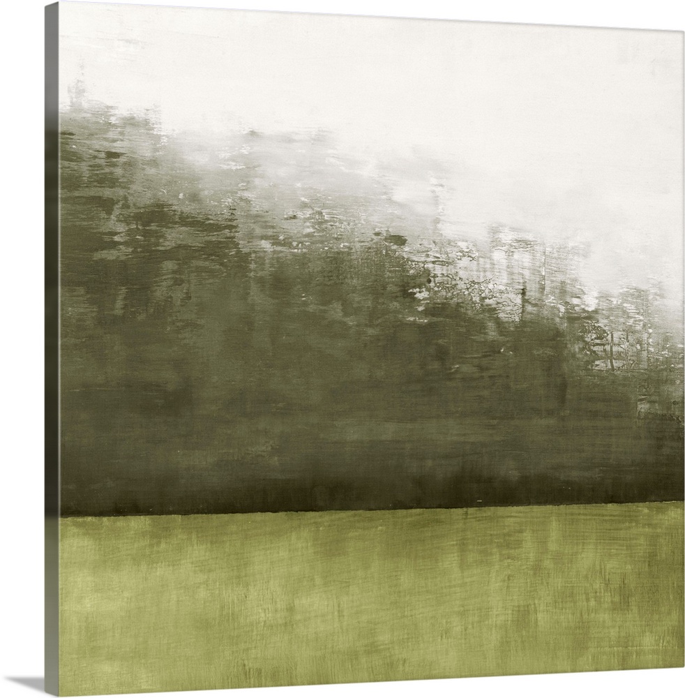 Square abstract painting of a landscape in shades of green.