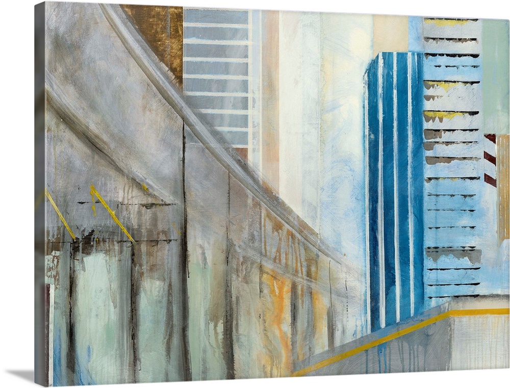Abstract painting of a winding overpass going through a cityscape.