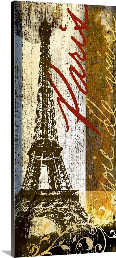 This vertical decorative accent is a rendering of the Eiffel Tower collaged with paper textures, scrolling vine embellishm...