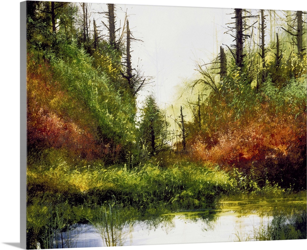 Contemporary painting of a pine tree forest with a small pond in the foreground.
