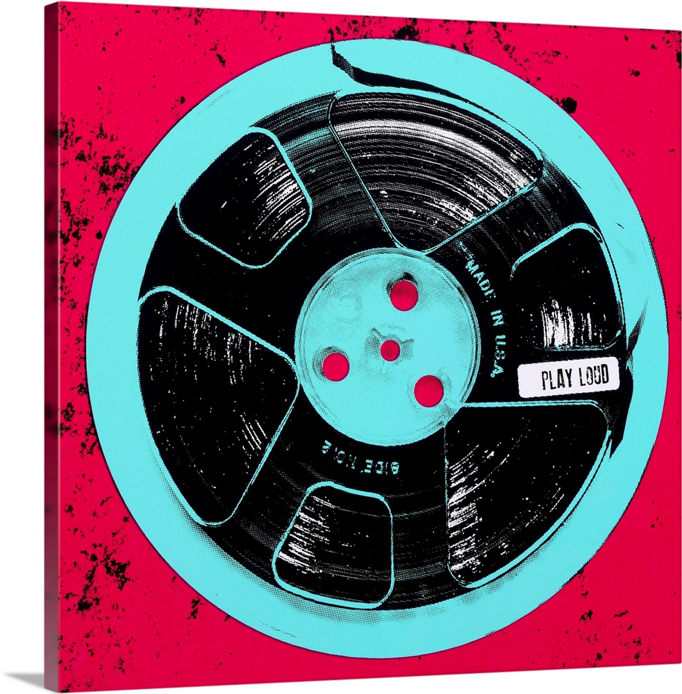 Contemporary pop art style artwork of a record tape against a red background.