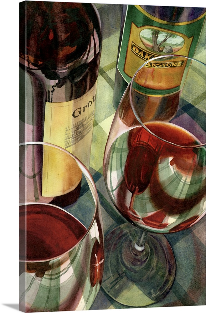 Contemporary painting of wine bottles and wine glasses, filled with red wine.