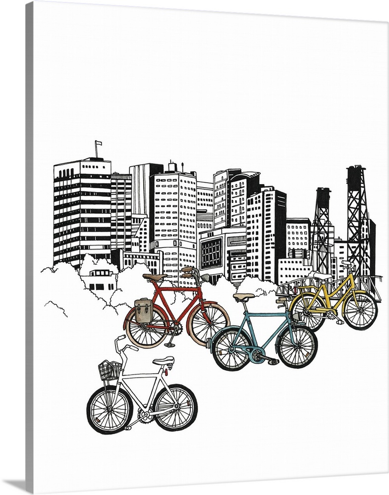 Black and white watercolor painting of the Portland, OR skyline with colorful bicycles in the foreground.