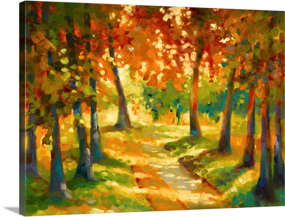 Contemporary abstract painting of a colorful landscape of a path in the woods lined by Autumn trees.