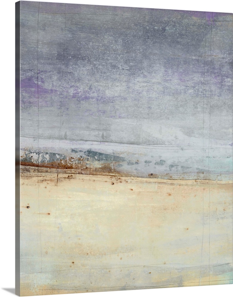 Abstract painting with a horizon line towards the bottom in shades of brown on a background made up of blue, purple, beige...