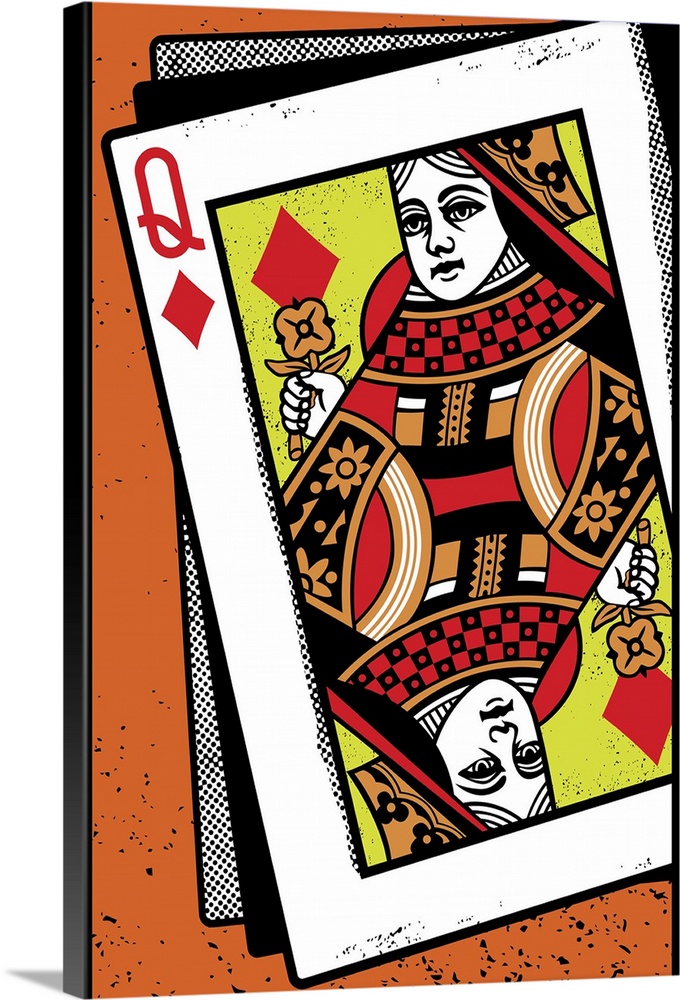 Digital illustration of a Queen of diamonds on an orange background.
