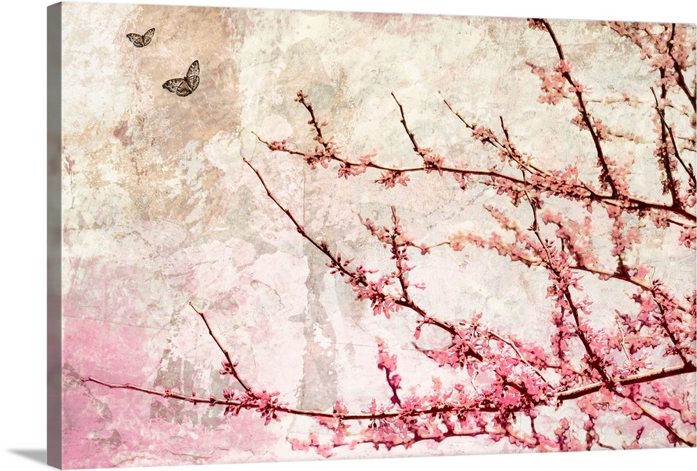 Contemporary artwork of tree branches covered in flowers with crackled background and two small butterflies in flight.