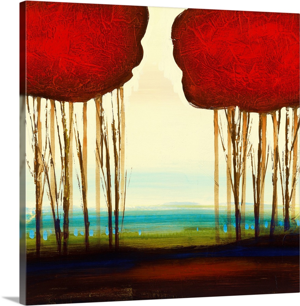 A piece of contemporary artwork that shows two groupings of trees that have red tops. The bottom is painted with several c...