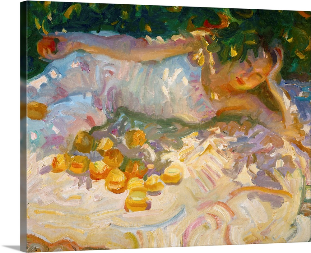 A contemporary painting of a woman laying on a blanket under an orange tree.