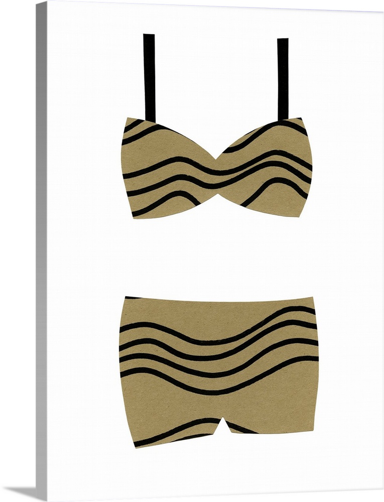 Contemporary retro art of a paper cut-out style bathing suit against a white background.