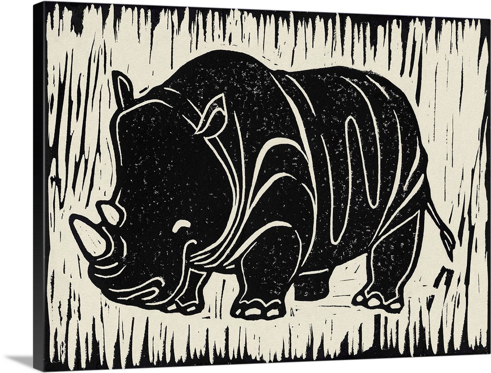 Cute linocut print illustration of a rhinoceros.