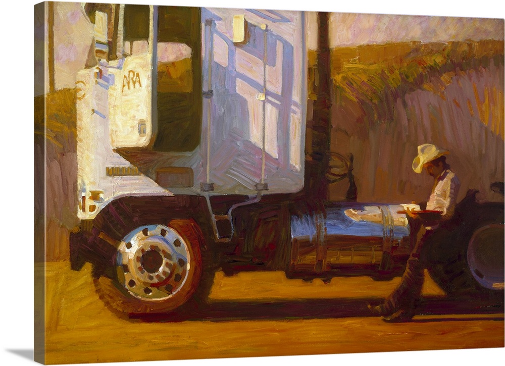 A contemporary painting of a man wearing a cowboy hat and waiting by his truck.