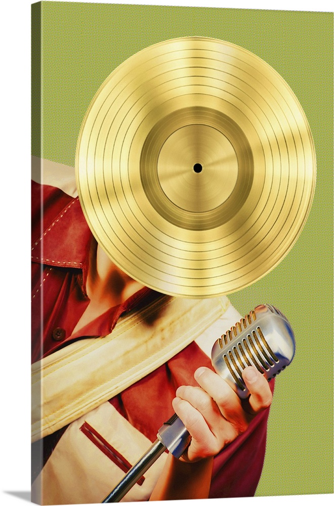 Illustration of a man singing into an old school microphone with a gold vinyl record for a face, created with mixed media.
