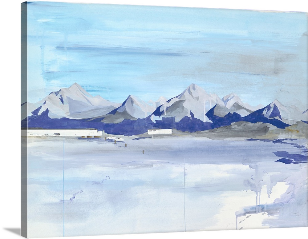 Contemporary painting of a mountain range on the horizon.