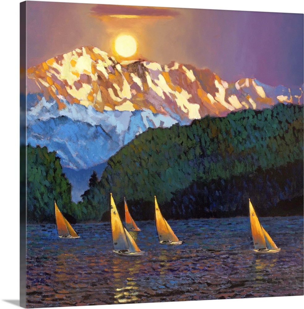 Contemporary painting of five sailboats on the water with the sun setting over a tall mountain peak.