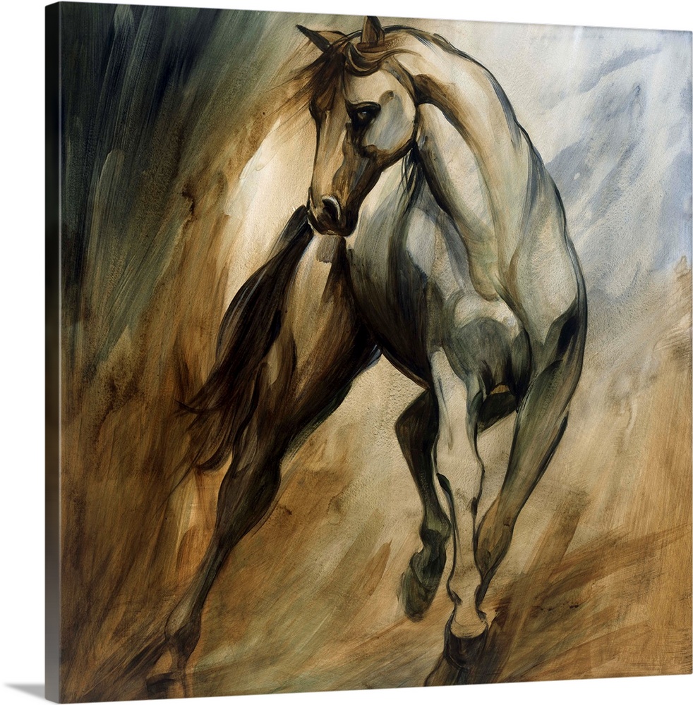 Huge monochromatic contemporary art shows a horse galloping among a fairly blank backdrop.