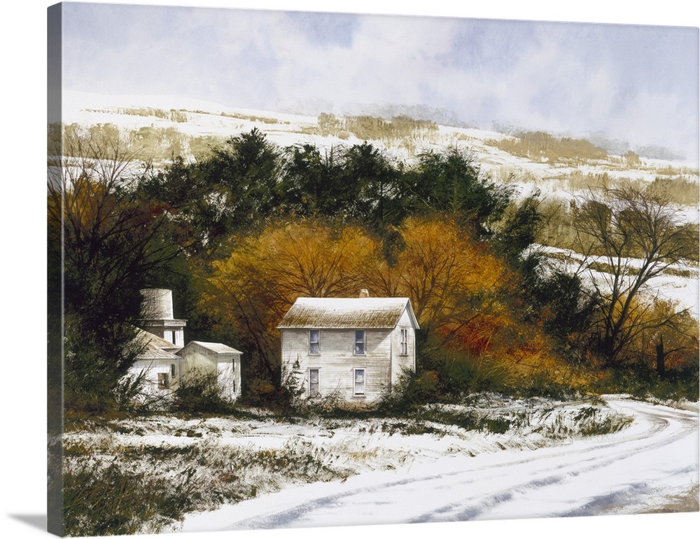 Contemporary landscape painting of a snowy countryside with a winding road leading to two white homes.