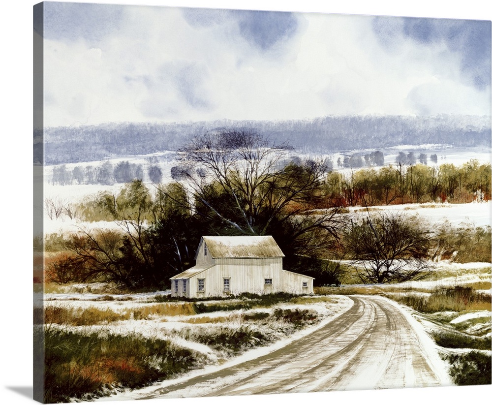 Contemporary painting of a snow covered road leading to a white barn  on the countryside.