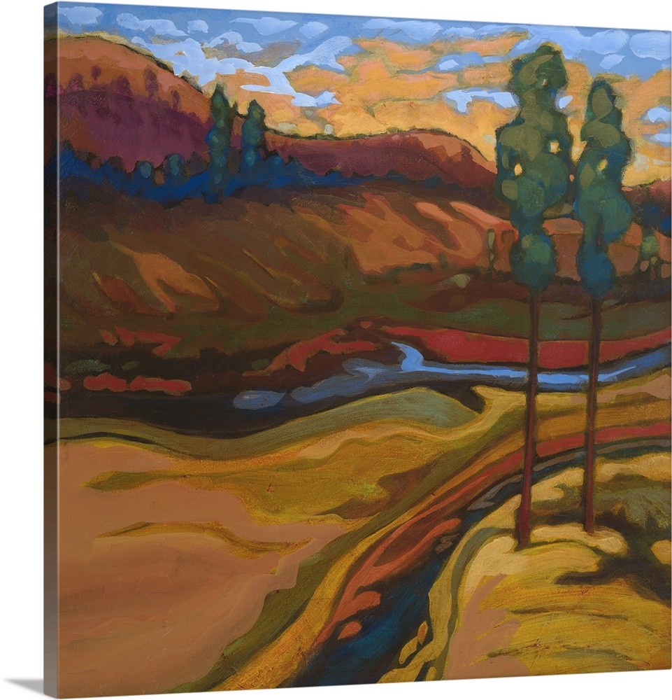 Contemporary landscape painting of a river valley in autumn colors.