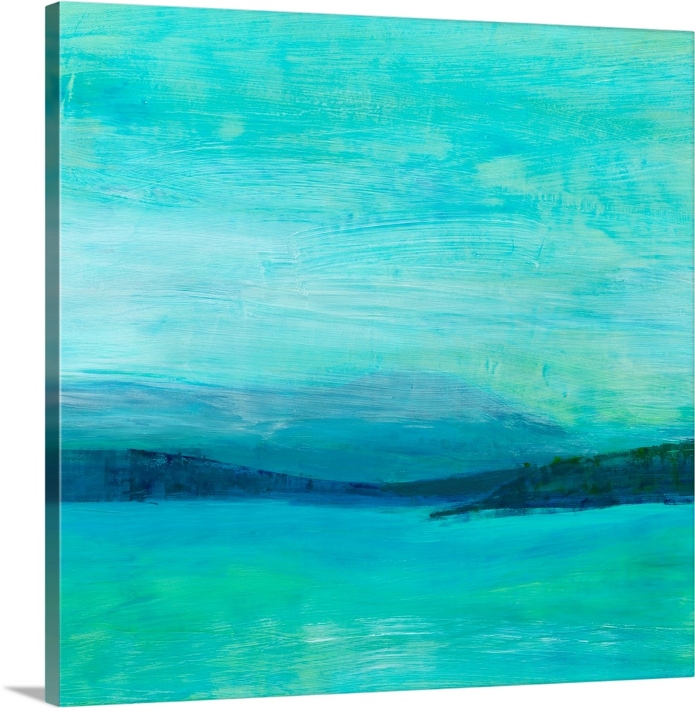 Contemporary artwork with horizontal painted brushstrokes in a cool teal color. A darker blue color is painted in the midd...