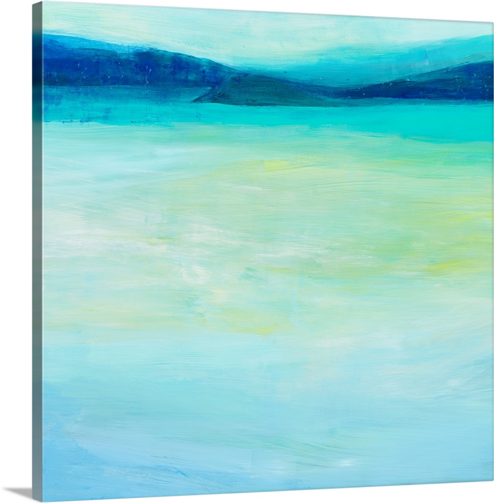 Big abstract art uses different shades of a cool tone over the majority of this canvas art with a subtle highlight of a wa...