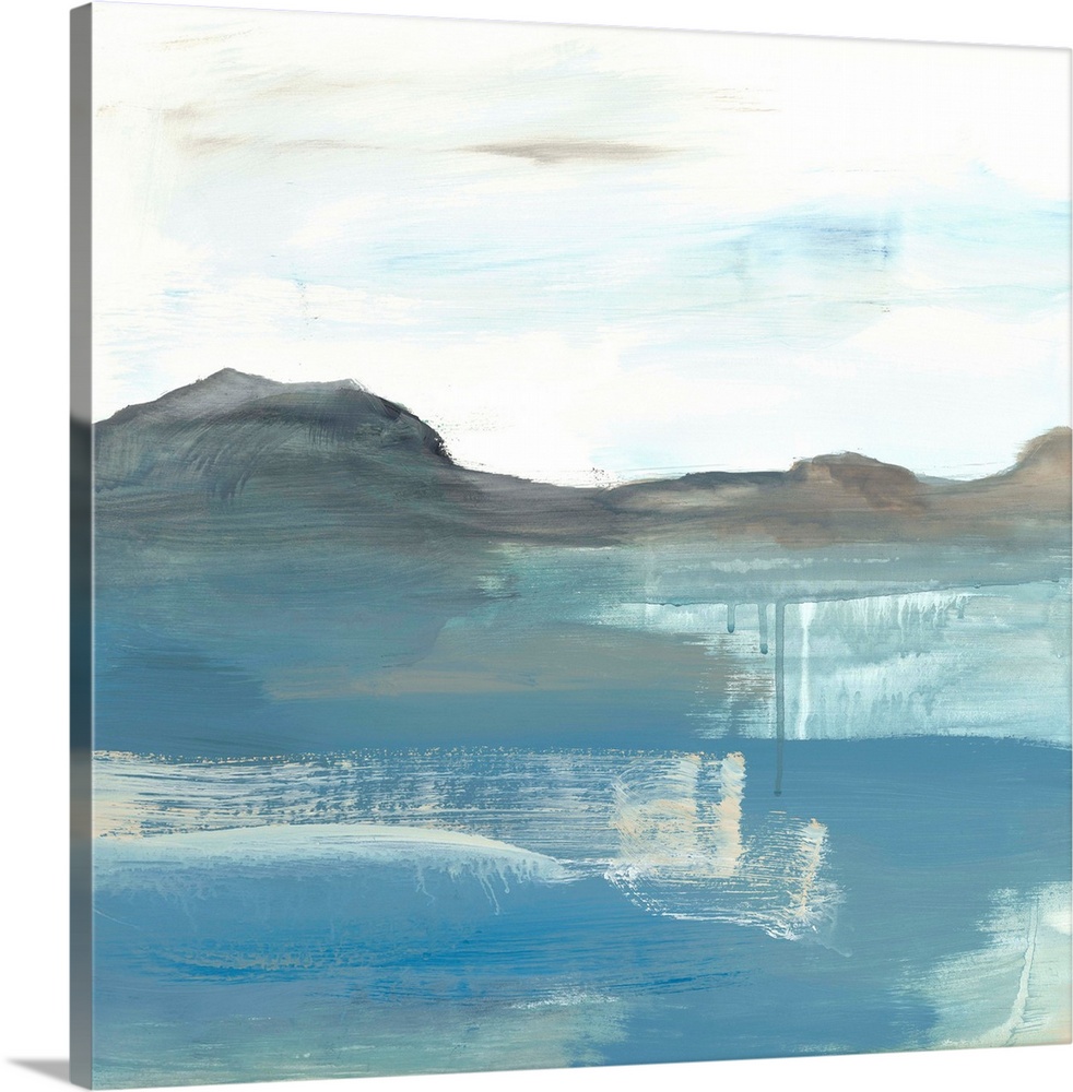 Contemporary abstract painting using tones of blue and white to create a seascape.