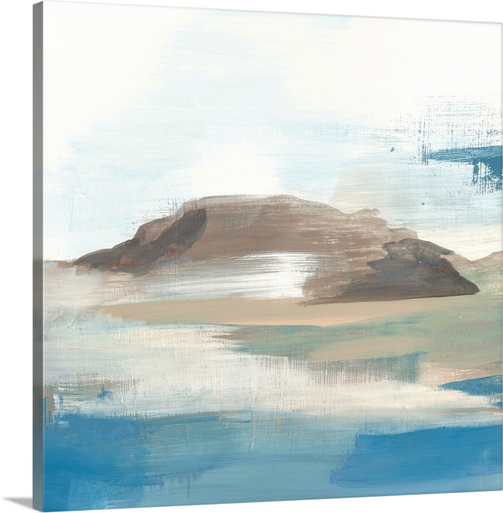 Contemporary abstract painting using tones of blue and white to create a seascape.