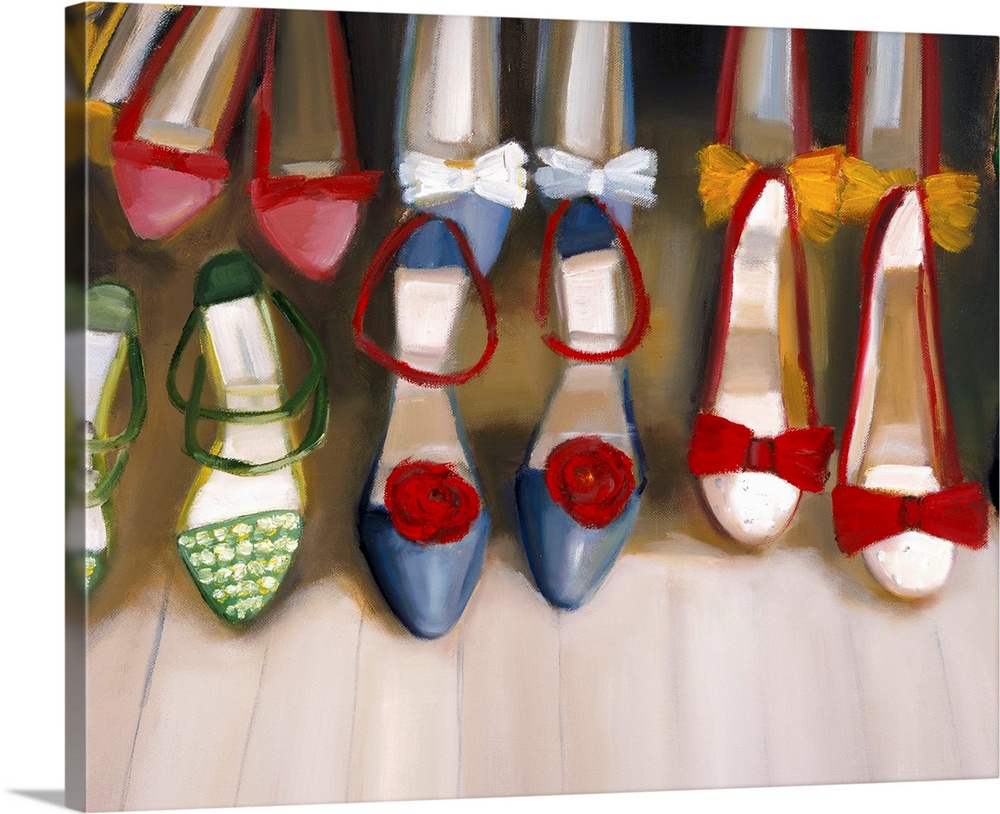 Big painting on canvas of different pairs of shoes lined up in two rows.