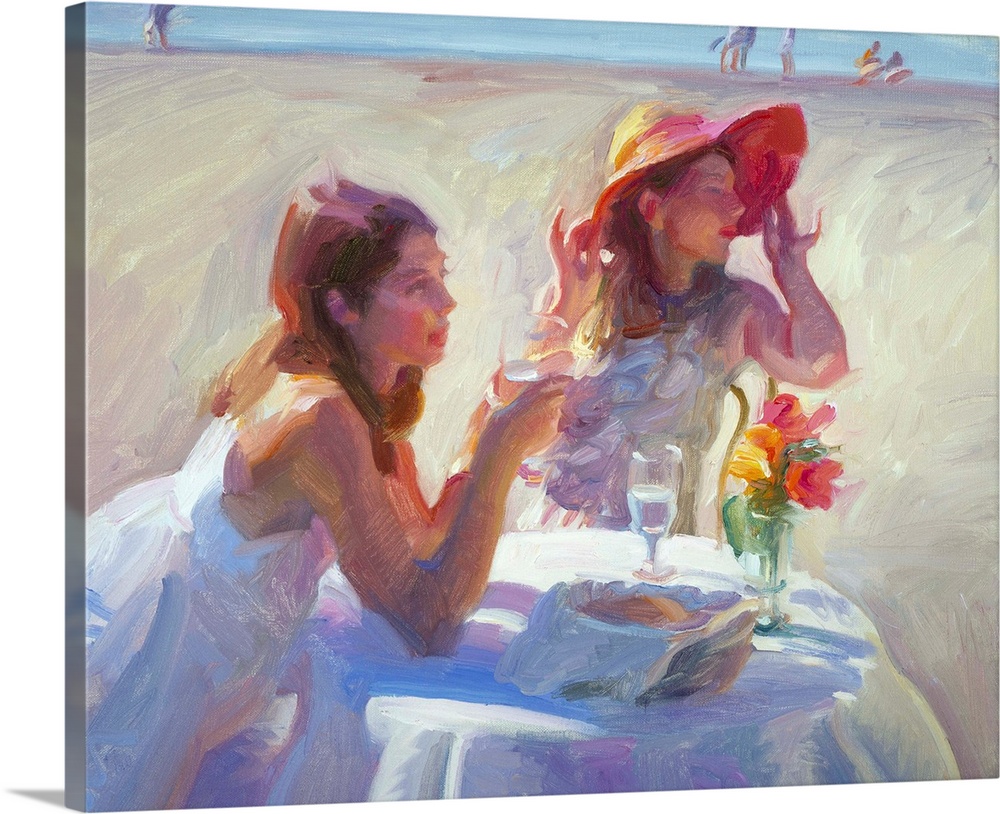 A contemporary painting of two women sitting at a dining table with champagne on the beach.