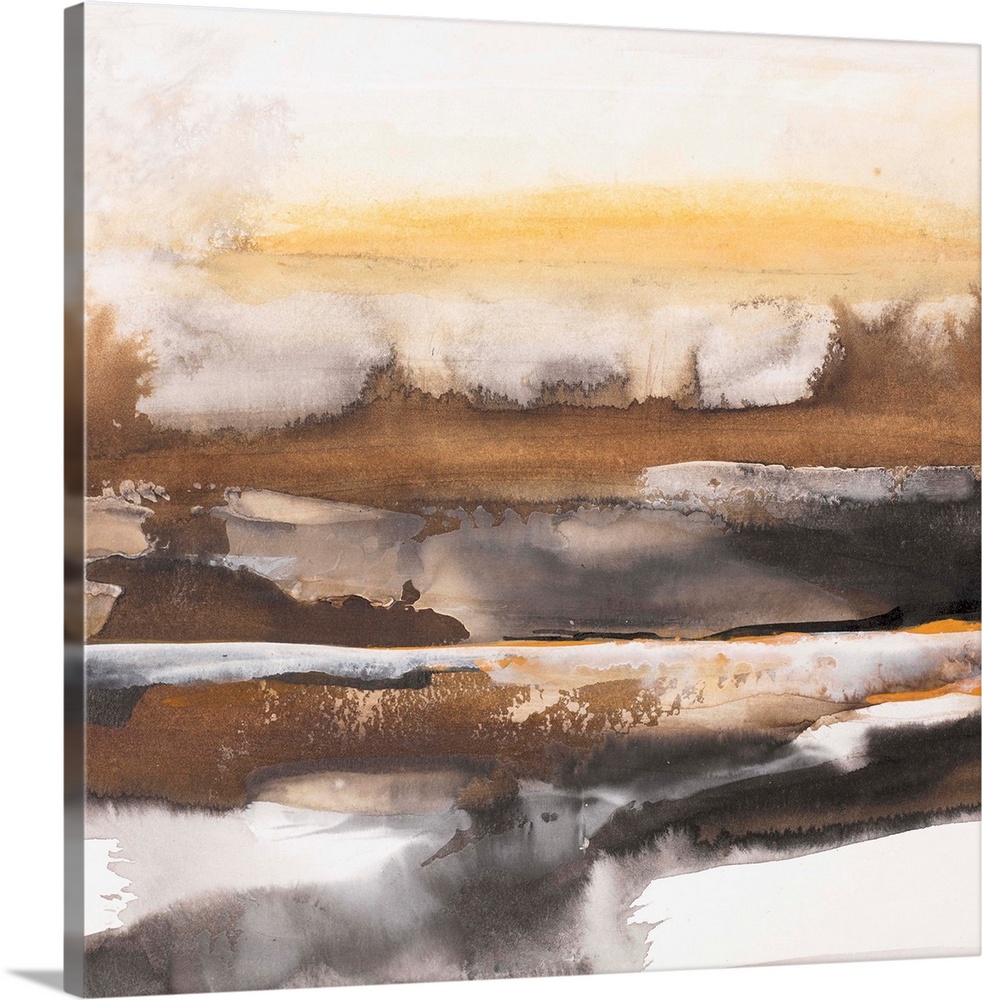 Square abstract painting of a landscape created with horizontal brushstrokes in shades of brown and grey.