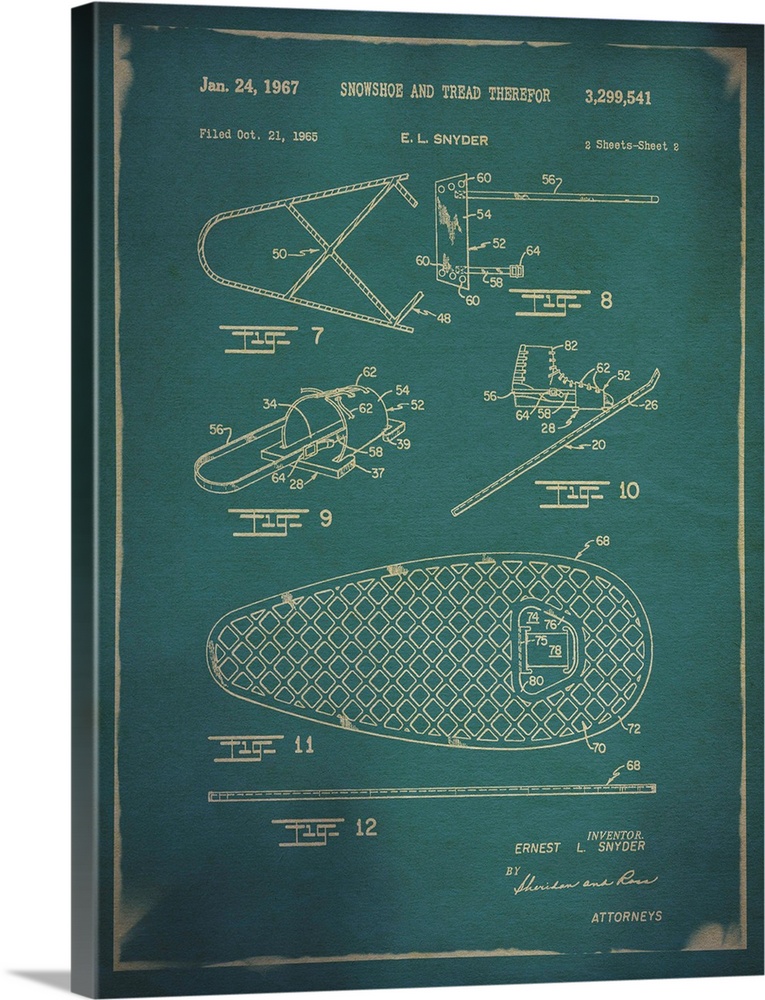 Blueprint diagram depicting the parts of a snowshoe.