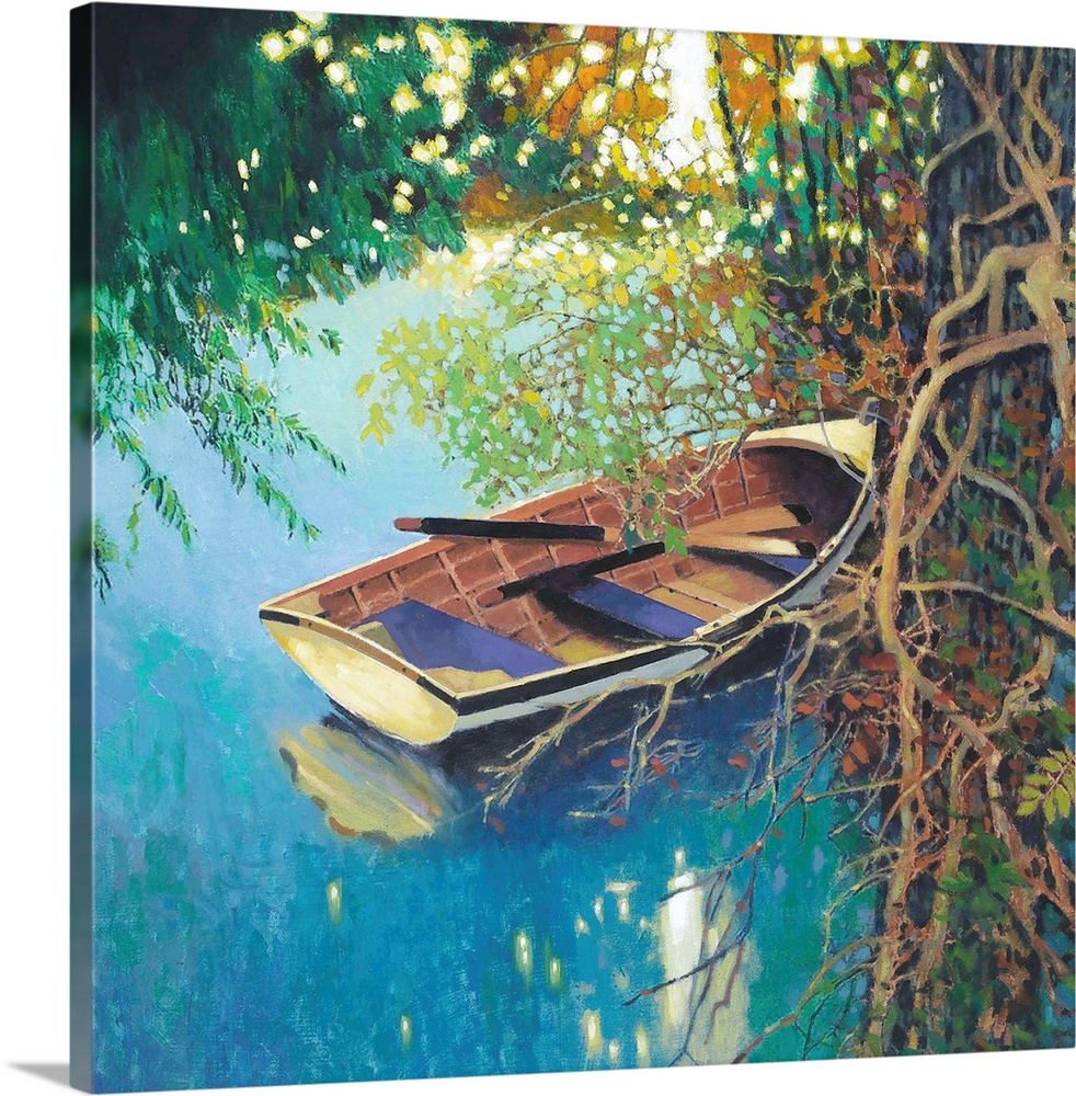 Contemporary painting of a wooden boat at the edge of a river near roots of a  tree.