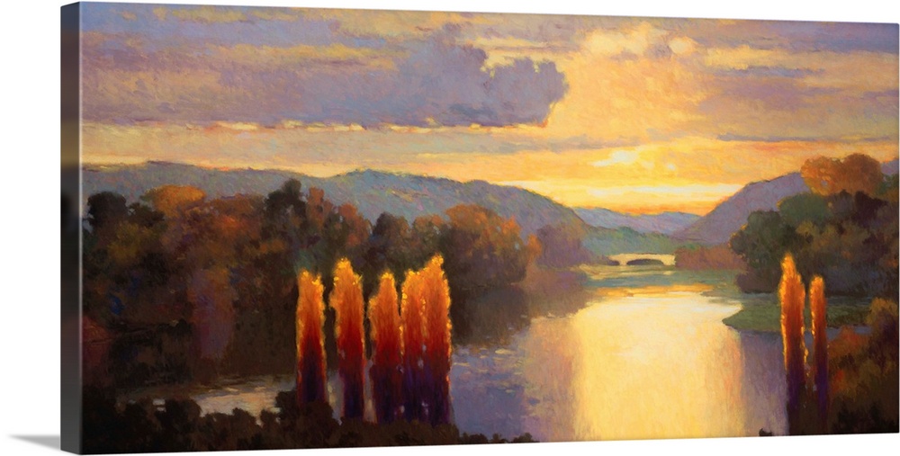 Contemporary painting of a river lined with dense forests at dawn, with golden clouds in the sky.