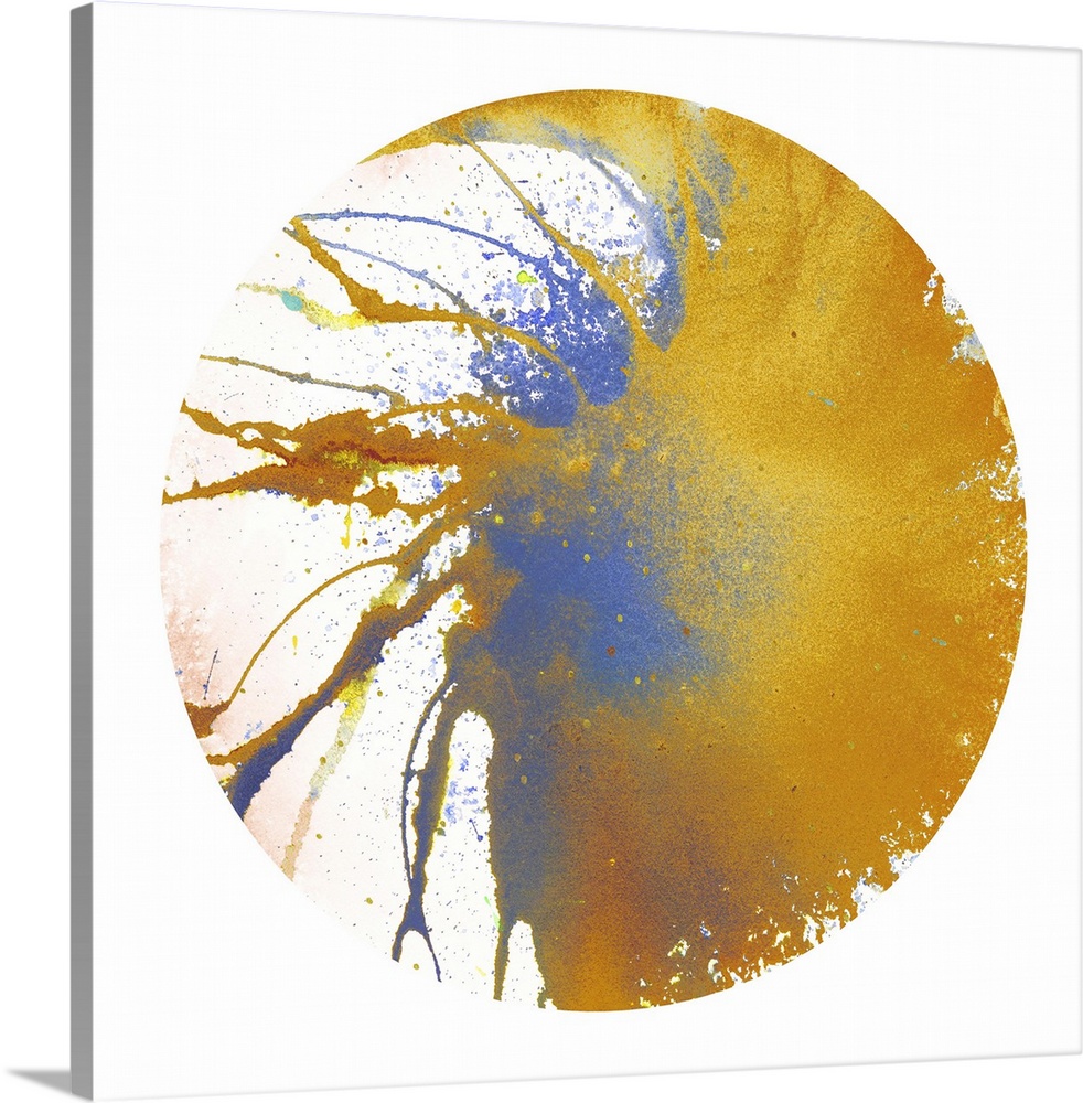 Square abstract spiral spin art inside a circle on white background in shades of yellow, blue, and orange.