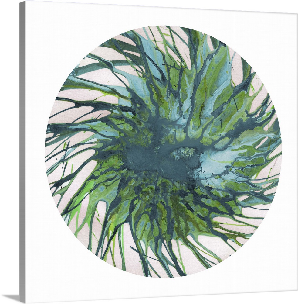 Square abstract spiral spin art inside a circle on white background in shades of blue and green.