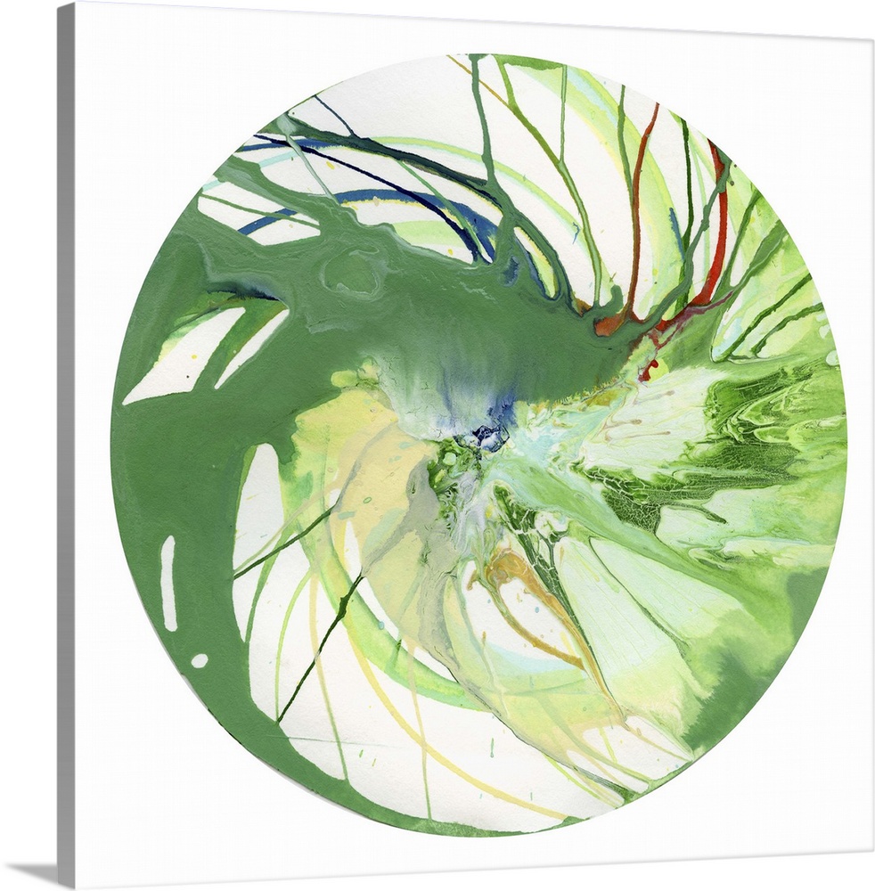 A contemporary abstract painting of spun green and yellow paint in a circular formation against a white background.