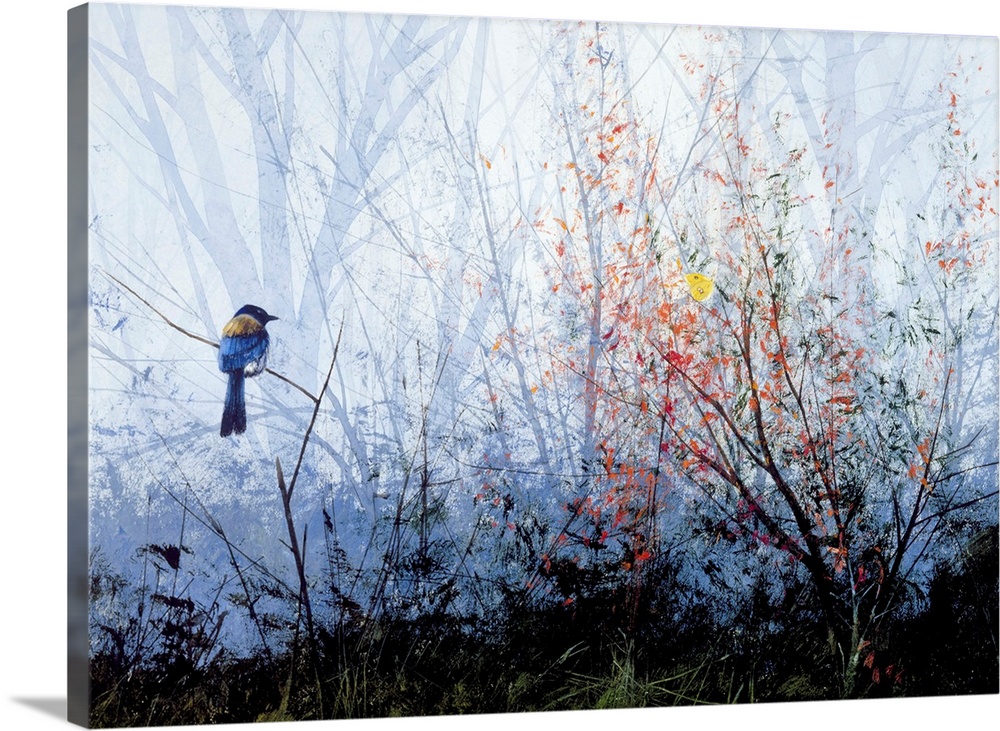 Contemporary painting of a blue bird and a yellow butterfly perched on a branch in the woods.