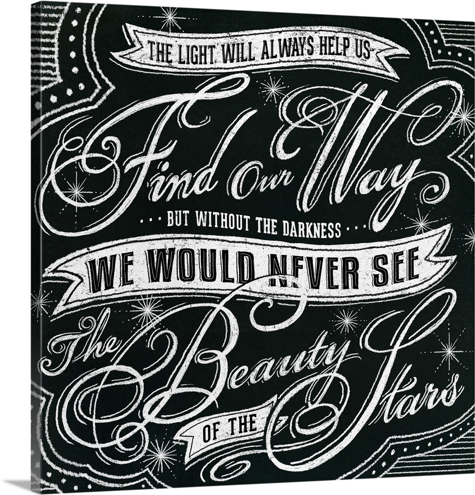 Typography artwork in a chalkboard style reading "The light will always help us find our way but without the darkness we w...