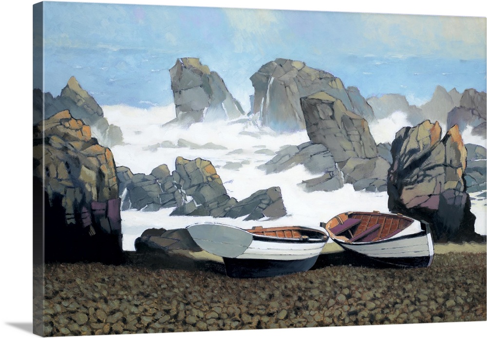 Contemporary painting of a pair of boats on the shore of a rocky coast with stormy waves.